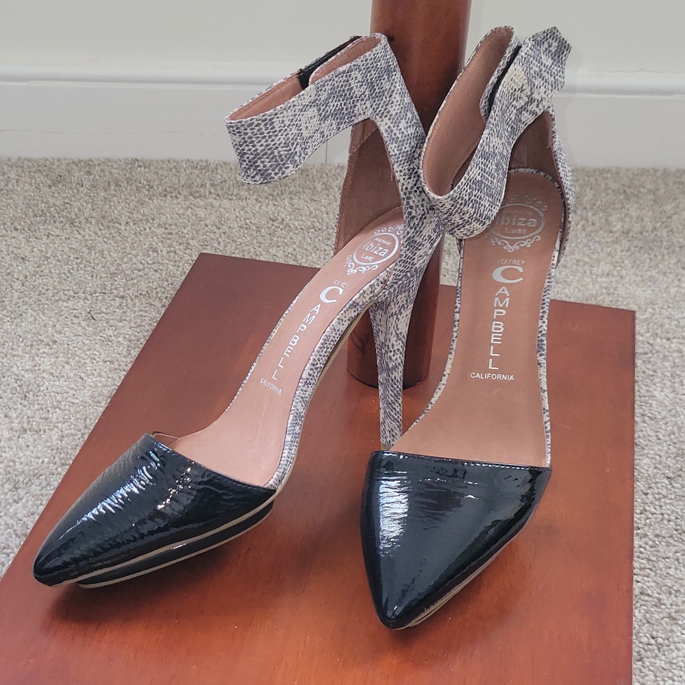 Jeffrey Campbell Patent Leather & Snake-Print Heels | Ankle Strap Pumps 7.5
